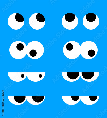 Collection of white cartoon eyes looking in various directions isolated on blue background vector