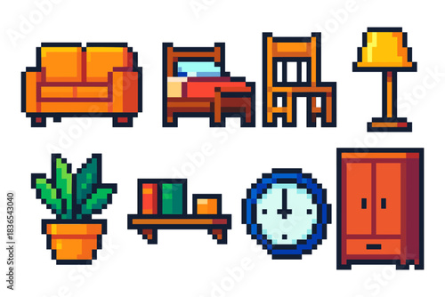Retro pixel art furniture set with couch, lamp, bed, table, and clock icons