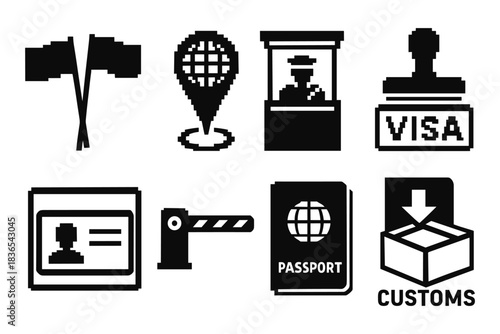 Pixel art travel icons: customs, passport, visa, and ids