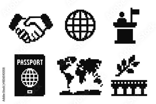 Pixel icons for globalization and international relations themes