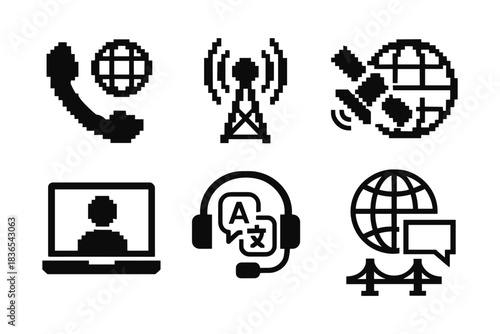 Pixel art global communication icons: online connectivity and digital networks