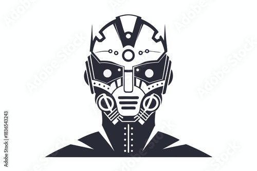 Intense mechanical warrior head reveals dark eyes and aggressive expression in black and white