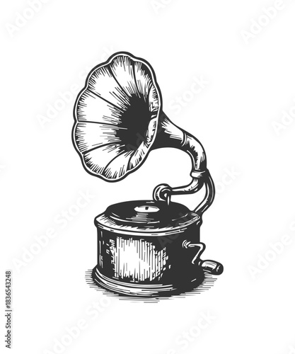 Simple hand drawn gramophone icon sketch, engraved ink illustration.