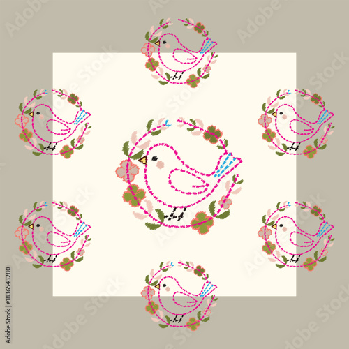 Floral embroidery outline featuring minimal curved lines and clean flat vector style creating elegant decorative shapes perfect for repeating textile stitch patterns