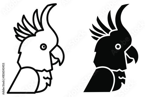 Close Up Cockatoo Bird Outline and Silhouette on White Background Keywords: cockatoo, bird