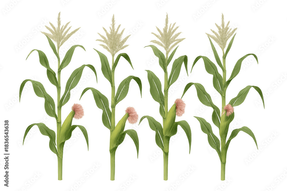 Obraz premium Growing corn plants illustration set with stalks, leaves, tassels, and developing ears on transparent background
