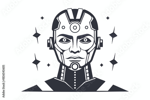 Outlined humanoid robot head features circuit board patterns across its facial structure