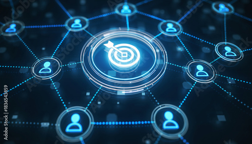 Digital Network: A luminous digital network pulsates with interconnectivity, centered around a target, symbolizing the intricate web of human interaction in our modern, technology-driven world. 