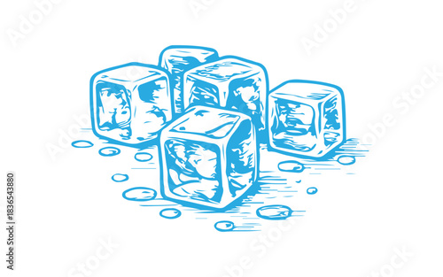 Simple hand drawn ice cube sketch, engraved food illustration.