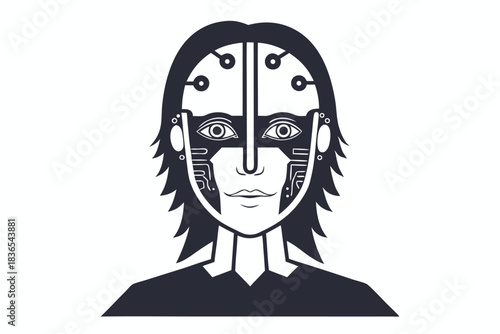 Robot face wearing a futuristic helmet connected to circuitry in black and white