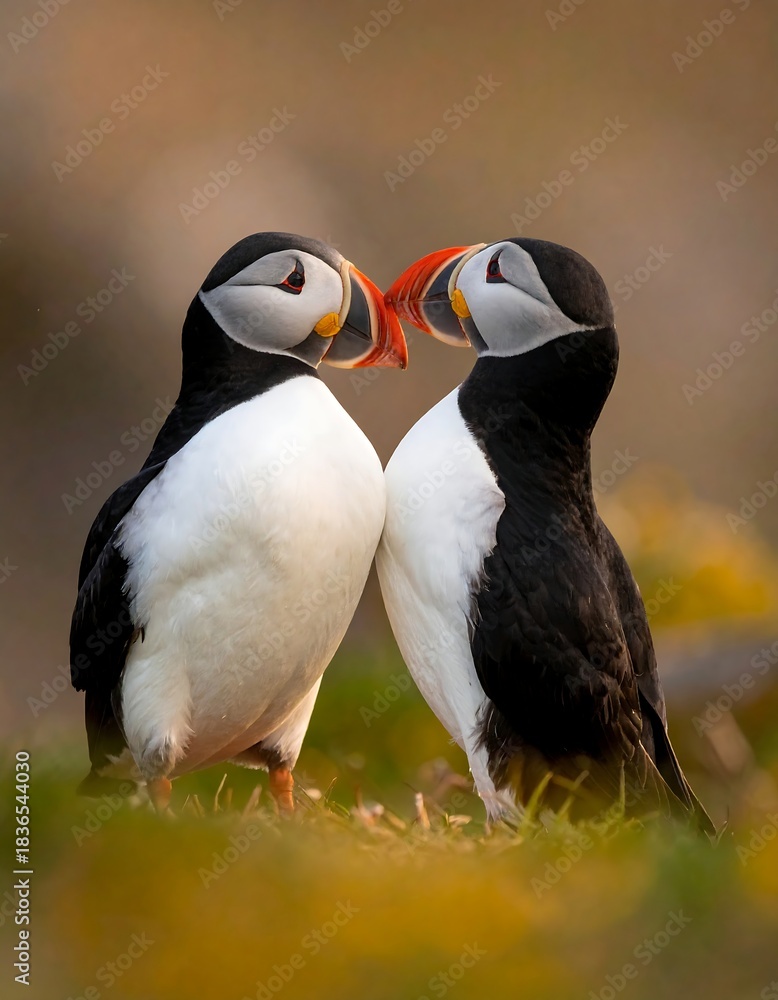 Naklejka premium Two Atlantic puffins, beaks touching, on a grassy hillside
