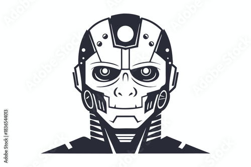 Bold line art shows futuristic android head design in black and white