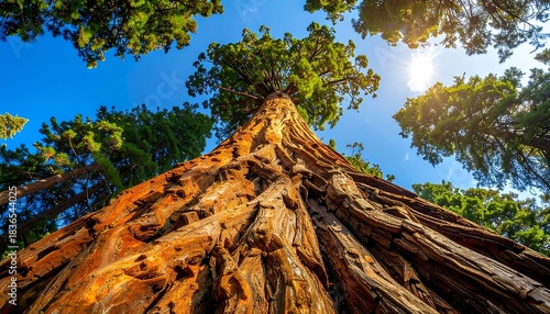 A colossal tree's rough, textured bark ascends to the sky, framed by branches and vivid green foliage against a bright, sunny blue