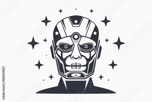 Half human and half machine, the humanoid cyborg's detailed face stares intently