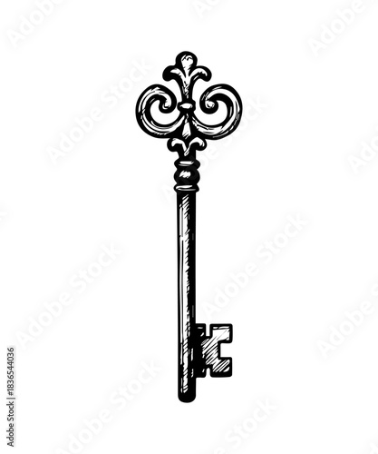 Simple hand drawn old vintage key icon, engraved illustration.