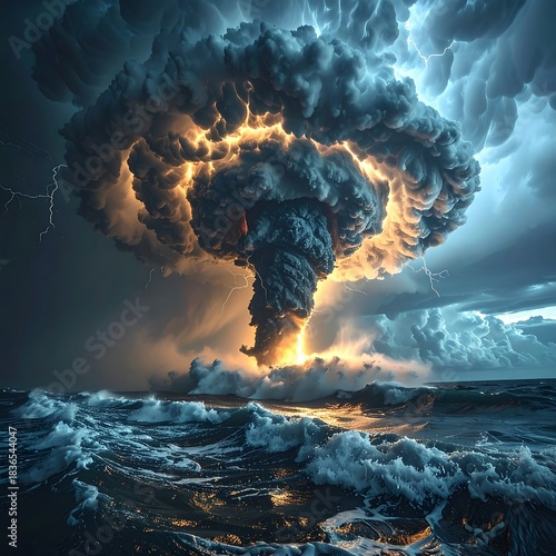 A colossal, swirling storm cloud erupts over turbulent ocean waves, lit dramatically by lightning, creating a sense of awe