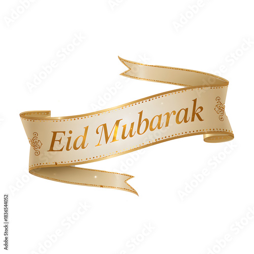Eid Mubarak Golden Ribbon Banner PNG Cutout Transparent