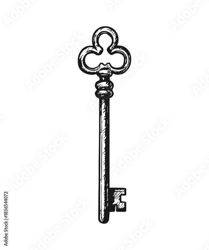 Simple hand drawn old vintage key icon, engraved illustration.