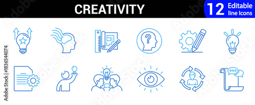 Creativity icon set. Editable line inspiration, imagination, design, idea, creative, improvisation, sketching, brainstorming and more. Vector illustration