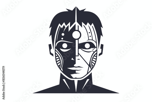 Line art shows bionic humanoid's head in monochrome, half human and half robot design