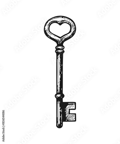 Simple hand drawn old vintage key icon, engraved illustration.