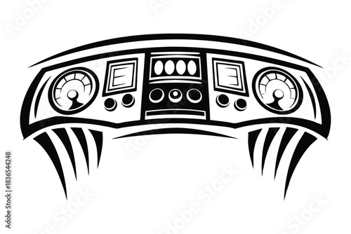 Illustrated car dashboard displays the gauges and a few circular buttons in black