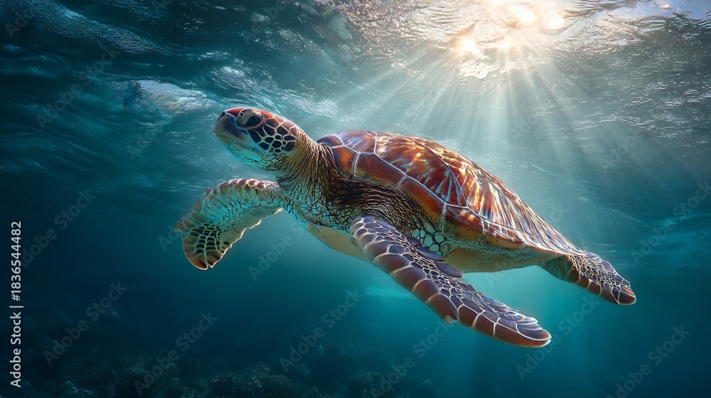 Obraz premium Conceptual image of a majestic sea turtle swimming in clear blue ocean water. Luminous sun rays pierce the surface, illuminating vibrant marine life, cinematic quality.