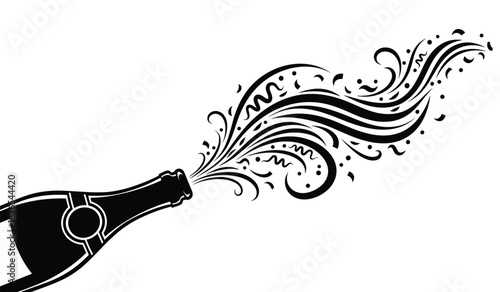 Black Silhouette of a Champagne Bottle with Swirling Decorative Embellishments Exploding Outwards Keywords: champagne, bottle, popping, exploding, celebration, party, event, festive, holiday, new