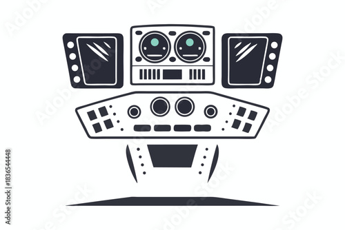 Isolated black and white retro dashboard with gauges and buttons evokes vintage controls