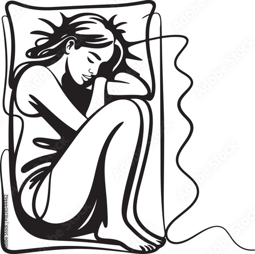 Silhouette of woman sleeping peacefully curled up in bed black outline on transparent area