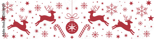 Red reindeer snowflakes and bauble Christmas banner design candy cane