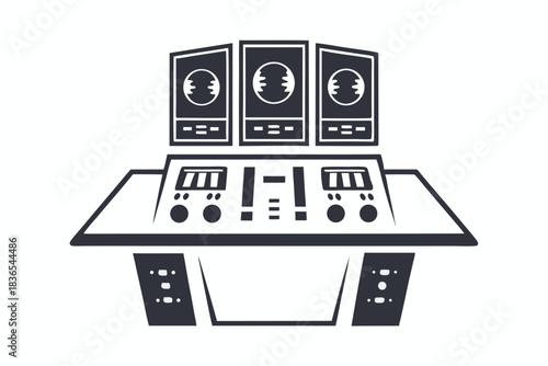 Bold black and white console showcases a futuristic spacecraft control panel setup for science fiction