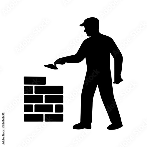 Mason isolated icon silhouette, simple bricklayer builder pictogram.