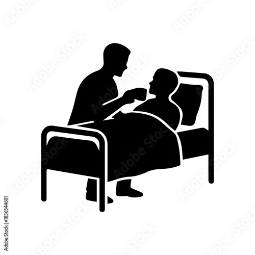 Nurse caregiver attending patient in hospital bed icon