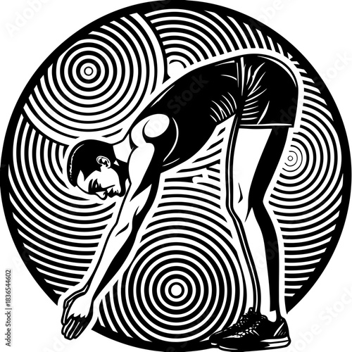 Athlete performing a forward bend stretch within a concentric circle design