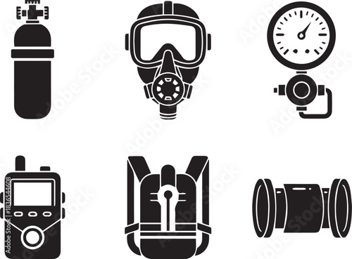Scuba diving equipment set in black and white vector design