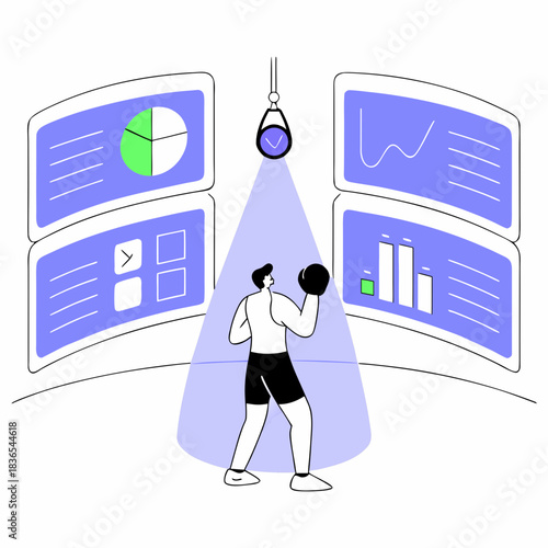 Boxer facing data screens with a spotlight and clock
