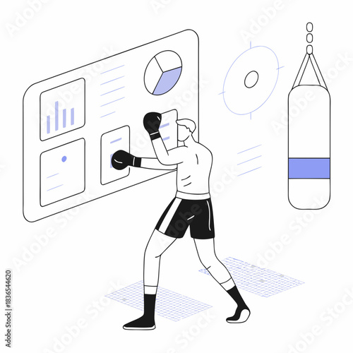 Boxer interacting with digital data displays and punching bag