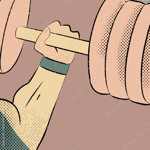 Close up of a hand gripping a barbell with weight plates