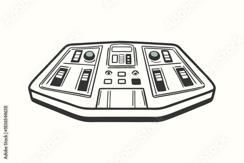 Black and white science fiction spaceship control panel with switches and gauges is visible