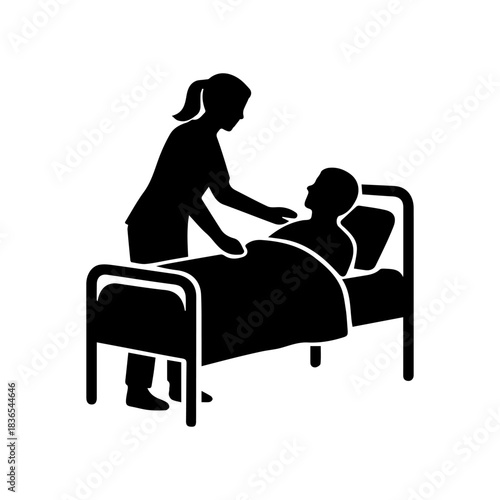 Nurse caregiver attending patient in hospital bed icon