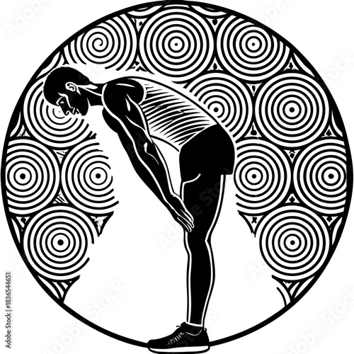 Athlete stretching in a circular patterned design