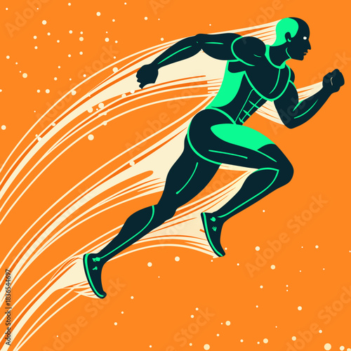 Dynamic runner in motion with streaking lines and orange background