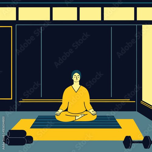 Person meditating in a room with yoga mats and dumbbells