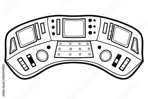 A detailed black and white cockpit outline shows panels, monitors, buttons, and dials