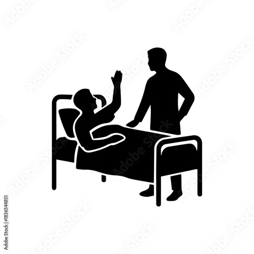 Male nurse caregiver or visitor attending patient in hospital bed icon