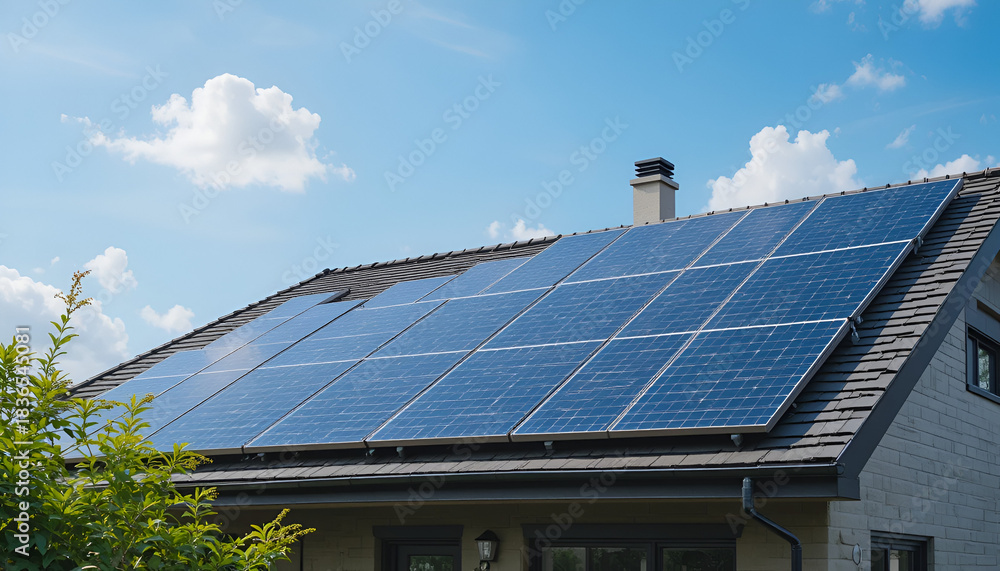 Fototapeta premium Solar panels installed on a rooftop of a house under a blue sky with white clouds