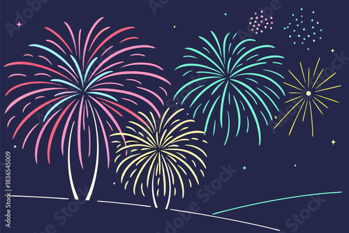 Vector illustration of beautiful fireworks celebration, vibrant display against a dark sky, perfect for festive designs.