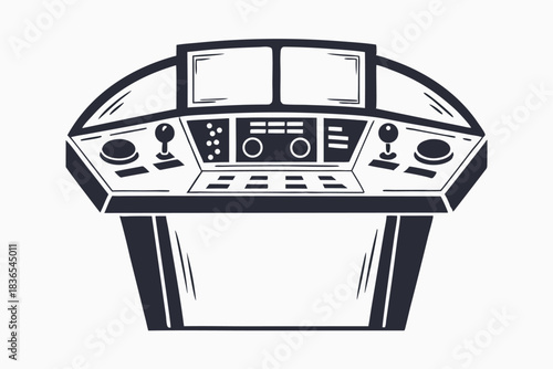 Stylized dark console displays two monitors, buttons, and joysticks providing a retro look