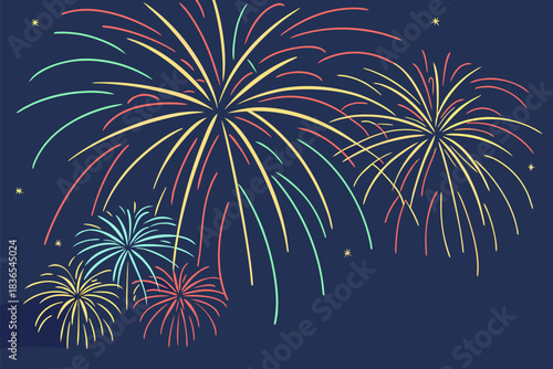 Beautiful fireworks celebration, vector art, with vibrant explosions lighting the night sky, perfect for event or holiday-themed designs.